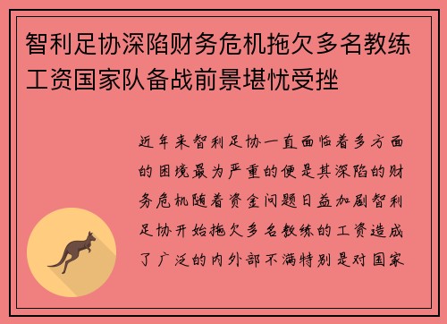 智利足协深陷财务危机拖欠多名教练工资国家队备战前景堪忧受挫
